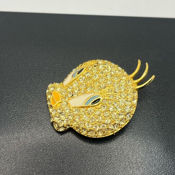 Warner Bros Tweety Bird Head Face Brooch Pin Rhinestones Gold Tone yellow - Picture 3 of 12